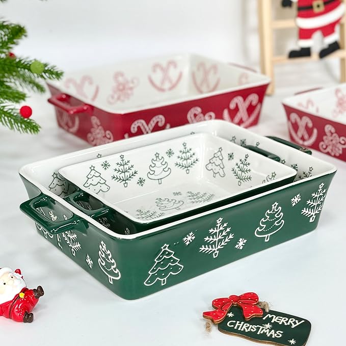 Domini Casserole Dishes for Oven, Ceramic Baking Dishes for Oven Set of 2, Lasagna Pan Deep, Baking Pan Set Square Casserole Dish Set with Handles for Baking, Pattern Green(11.4+8.5inch) Christmas