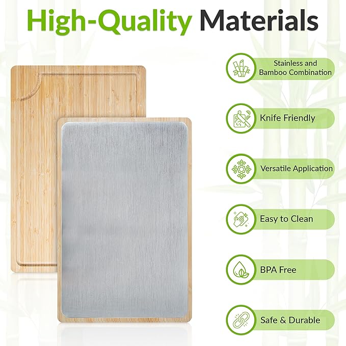 GR Kraft Stainless Steel & Bamboo Double-Sided cutting boards non toxic, Durable, Knife-Friendly Design, Microplastic-free, large cutting board Chopping Meat, Fish, Chicken, Bread, Fruits & More