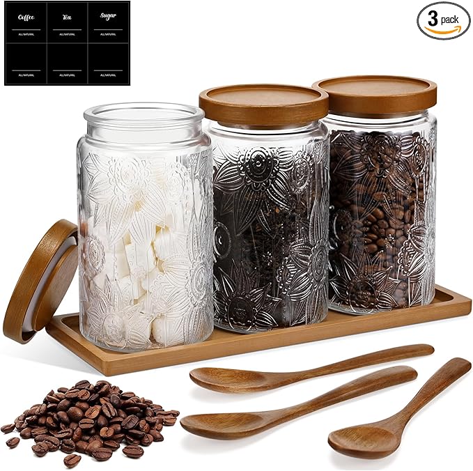 3 Pcs Glass Coffee Container Set with Wooden Lid Spoon Shelf Labels Clear Sugar Tea Airtight Jar Food Storage Canisters Set for Spice Holder Coffee Bar Gifts(Sunflower,32 oz)