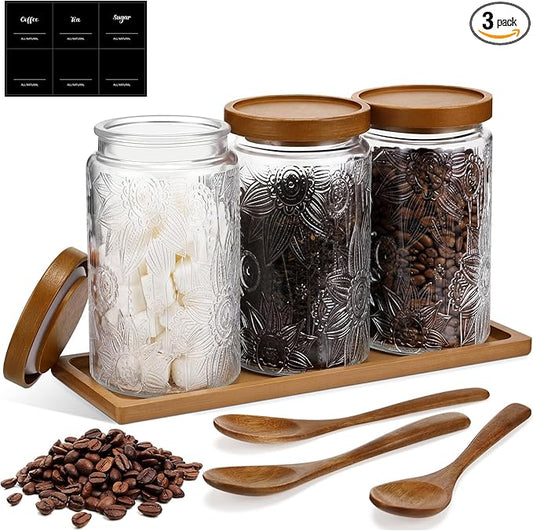 3 Pcs Glass Coffee Container Set with Wooden Lid Spoon Shelf Labels Clear Sugar Tea Airtight Jar Food Storage Canisters Set for Spice Holder Coffee Bar Gifts(Sunflower,32 oz)