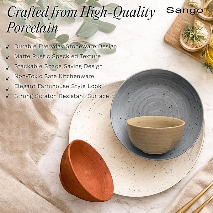 Sango Siterra Painter's Palette 16-Piece Stoneware Dinnerware Set - Service for 4, Ceramic Plates and Bowls Sets, Chip Resistant, Rustic Dishware, Microwave & Dishwasher Safe Kitchen Dishes