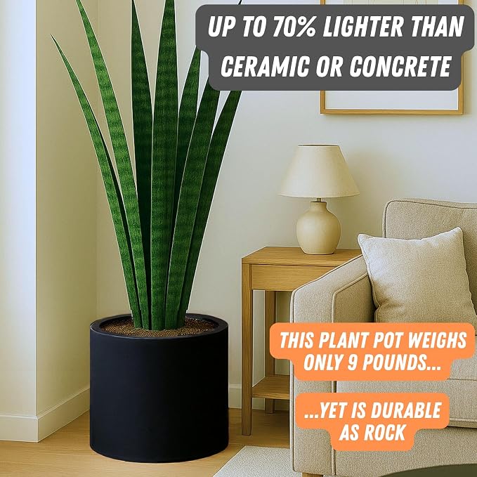 Fox & Fern Large Indoor Planter, Modern Large Plant Pot for Indoor or Outdoor, UV and Frost Resistant - 14.6 Inch, Matte Black Flower Pot with Drainage Plug, Lightweight
