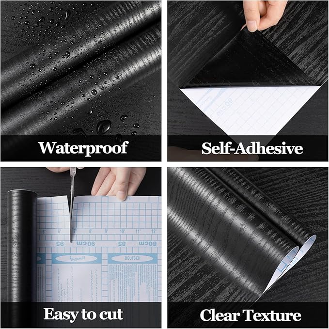 COSNIGHT Black Peel and Stick Wallpaper, Wood Grain Contact Paper Self Adhesive 15.7'' x 196'' Vinyl Wrap, Removable Wall Paper for Kitchen Countertop, Cabinet, Drawer, Shelf Liner