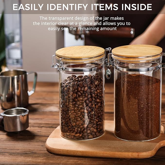 VZZNN 2 Pack 40.5oz Coffee Bean Storage Container with Airtight Bamboo Lids Glass Airtight Coffee Canister with Scoop Storage Container for Grounds Tea Cereal Sugar