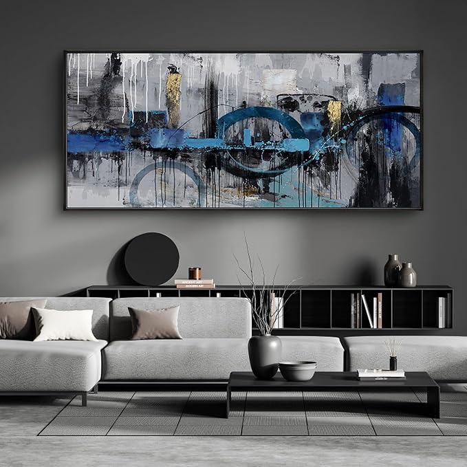 Abstract Wall Art for Living Room Bedroom Above the Sofa Picture Artwork | Oversized 86x39 Inches Made of Canvas with a Black Frame This Blue-Gray-Gold Piece Offers Minimalist Luxury Wall Decor