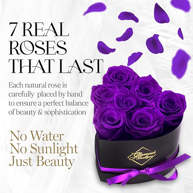GLAMOUR BOUTIQUE 7 Flower Forever Heart Shape Box, for Mom, Eternal Preserved Roses Gift for Her, Him, Lasting Flowers Bouquet, for Birthday, Anniversary, Purple (Color-Treated)
