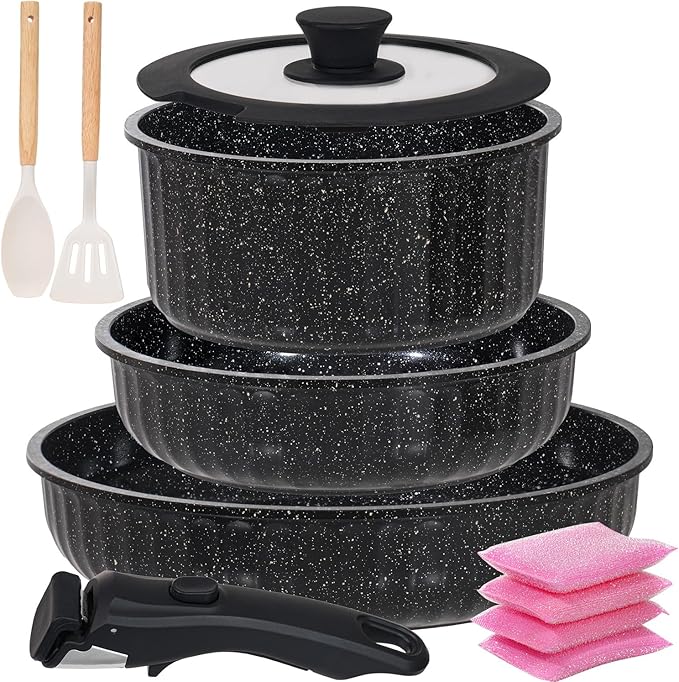 Vivicreate 11 Piece Pots and Pans Set Nonstick with Removable Handle, Induction Cookware, Stackable Kitchen Set for RV Camping Apartment, Frying Pan and Saucepan (Black)