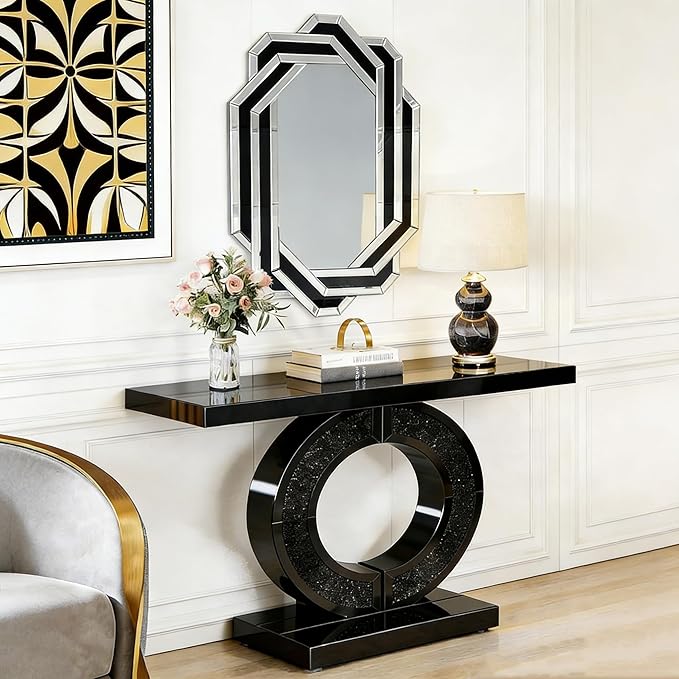 SSLine 2-Piece Set Mirrored Console Table with Wall Mirror, 43" Modern Black Mirror Entryway Table with O-Shape Base, 35.4"x23.6" HD Mirror for Entryway Hallway