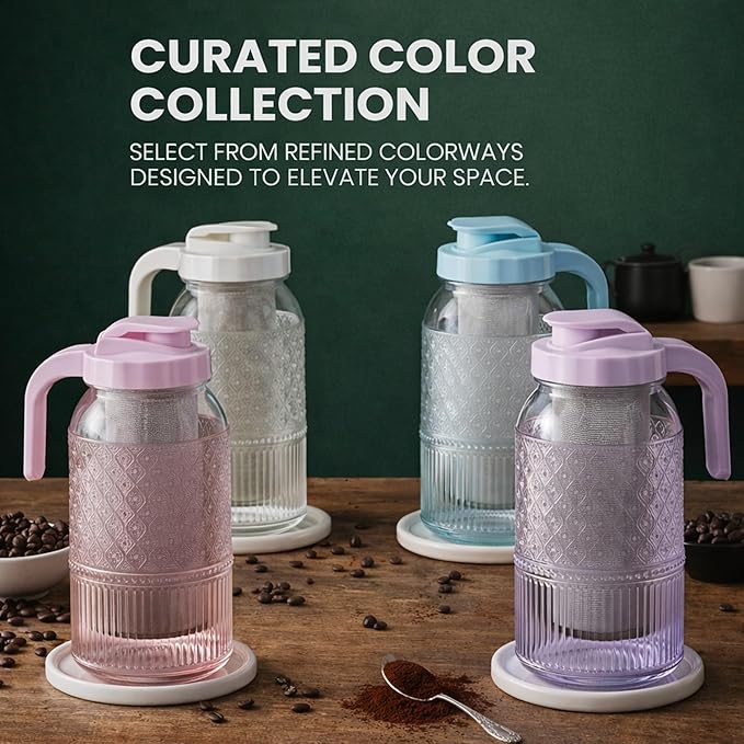 Cold Brew Coffee Maker 64 oz – Airtight Glass Mason Jar Pitcher Brewer with Leak-Proof Lid & Handle, Wide Mouth Iced Coffee Maker, Vintage Kitchen Decor - Blush