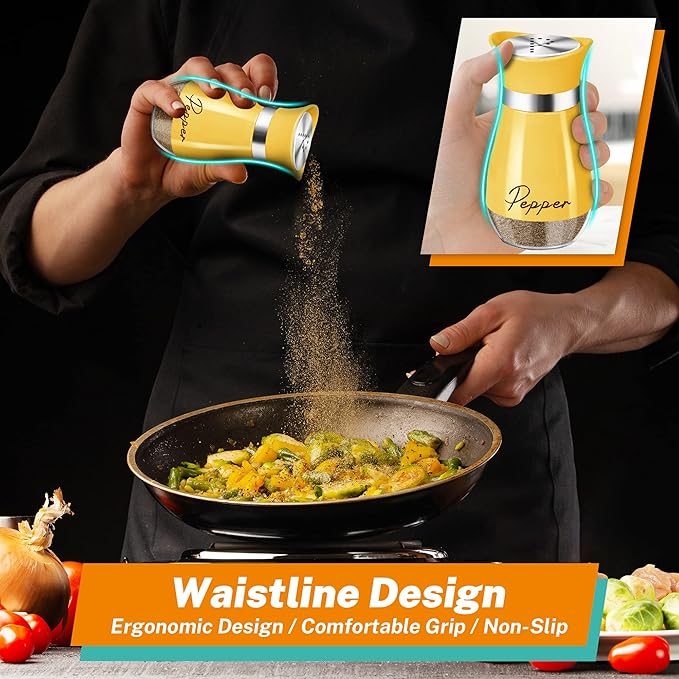 Salt and Pepper Shakers Set,4 oz Glass Bottom Salt Pepper Shaker with Stainless Steel Lid for Kitchen Cooking Table, RV, Camp,BBQ Refillable Design (Yellow)