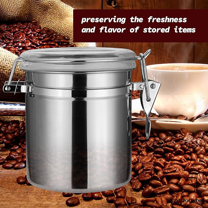 Stainless Steel Vacuum Seal Coffee Canister With Clear Lid, Airtight Food Storage Container With Locking Clamp for Coffee Beans, Tea, Cereal, Nuts (Stainless Steel With Clear Lid, 67.6 fl oz / 2000ml)