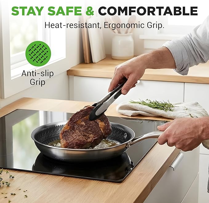 NutriChef 10” Non-Stick Stainless Steel Frying Pan with Lid, Triply Stainless Steel Cookware, Etched Non-Stick Coating, Oven & Induction Safe, Premium Stainless Steel Frying Pan, PFOA/PFOS Free