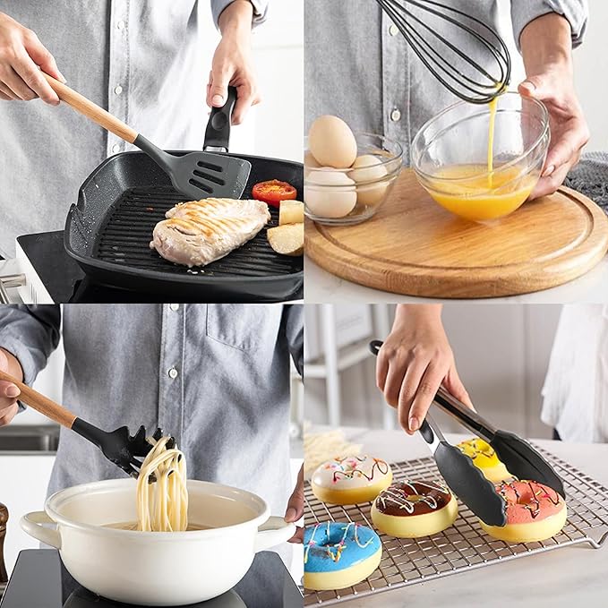 Kitchen Cooking Utensils Set, 12-piece Silicone Kitchen Utensils Set Non-stick Cookware set Is Heat-resistant, BPA-Free, Kitchen Tools set, spoon,spatula(Grey)