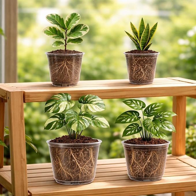 Bluepro Clear Nursery Pots with Drainage Holes, 5/6/8/10 Inch, 16-Pack | Clear PET, 4 Each of Four Large Sizes, Root and Moisture Visibility, Flexible, Reusable, Repotting and Plant Care