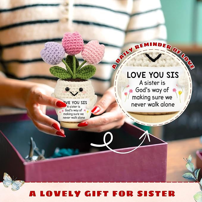 Sister Gifts from Sisters - Funny Mothers Day, Birthday Gifts for Big Little Soul Sisters - 5.51'' x 4.13'' Knitted Inspirational Positive Tulip Flowers Sister Crochet Doll