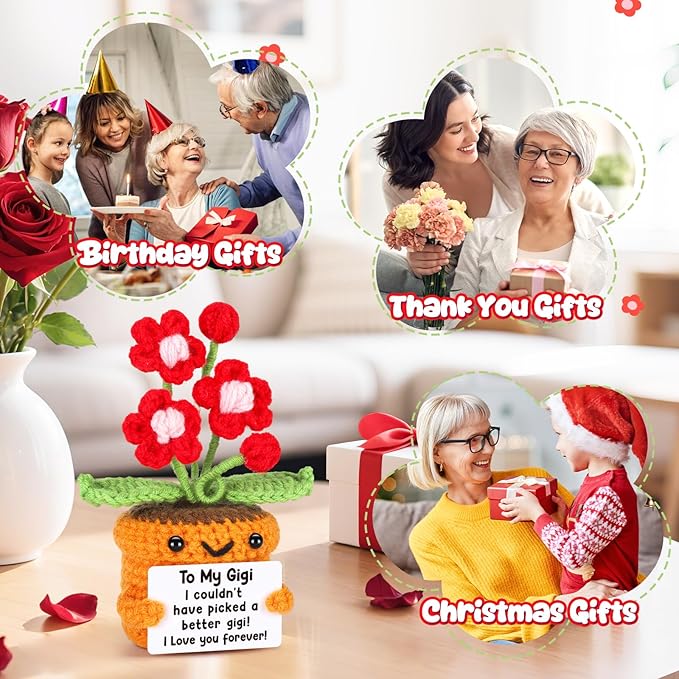 Gigi Gifts Mothers Day Birthday Gift, Birthday Mothers Day Gigi Gifts for Grandma from Granddaughter Grandson Grandchildren Grandkids Handmade Crochet Flower I Love You Home Desk Decoration