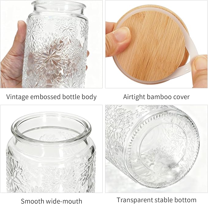 1Pc Snowflakes Style Vintage Glass Candy Jar with Airtight Bamboo Lid, Kitchen Storage Canister for Sugar, Coffee, Tea, Cookies, Bath Salt - Decorative Mason Jar for Pantry & Counter (1, Clear, 24oz)