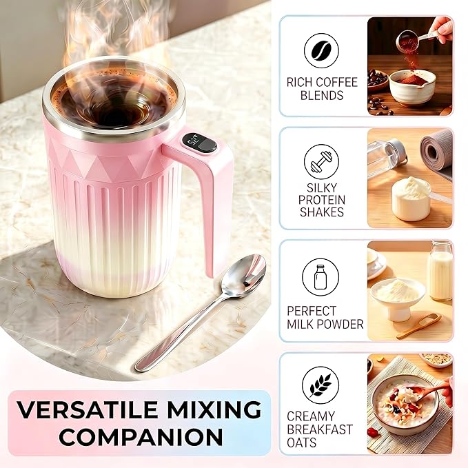 Self Stirring Coffee Mug 13.5 Oz with Lid, 316 Stainless Steel Automatic Magnetic Mixing Cup with a Built-in Lcd Thermometer (Gradient Crystal Pink)