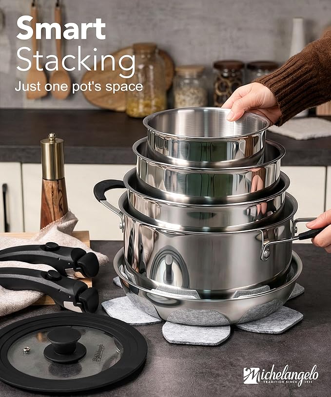 Michelangelo 14pcs Tri-Ply Stainless Steel Cookware Set with Detachable Handle, Induction Kitchen Cookware Set, Oven Safe Pots and Pans, Stackable RV/Camping Cookware
