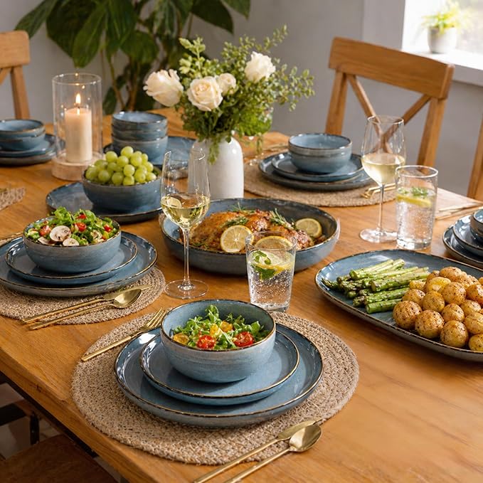GBHOME 32 Pieces Double Bowls Ceramic Dinnerware Sets for 8, Stoneware Plates and Bowls Set with Reactive Glaze, Scratch Resistant Stoneware Dishes Set, Dishwasher & Microwave Safe
