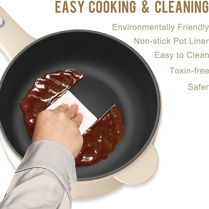Dezin 2L Hot Pot Electric, Non-Stick Electric Pan, 700W Adjustable Power | Electric Pot for Cooking/Steak/Egg/Fried Rice/Ramen/Soup, Portable Pot for Dorm/RV/Family/Travel/Camping, Include Spatula