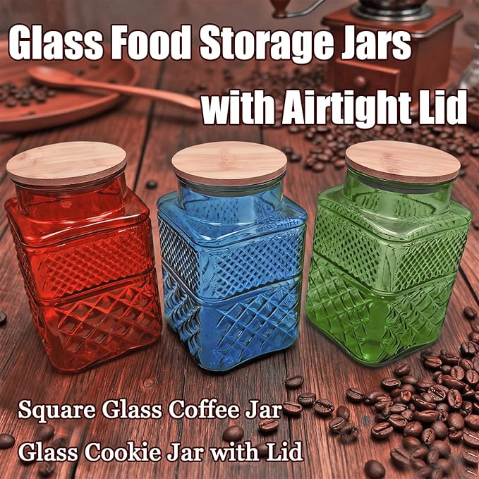 Coriario 60oz Vintage Glass Jar with Airtight Lid and Wood Spoon Blue Square Glass Storage Canisters Jars for Food Candy Flour Sugar Cookie Coffee Tea Decorative Vase