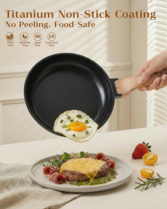 FDN 16Pcs Titanium Pots and Pans Set,Toxic-Free Cookware Set, Dishwasher & Oven Safe, Induction Compatible with Bakelite Wood Grain Handle, Compact and Durable