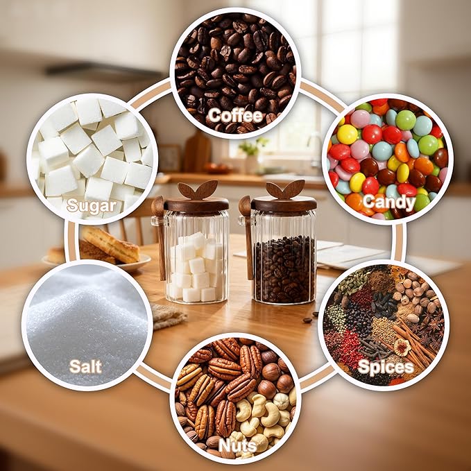 holoith 2 Pack Sugar Bowl Sugar Container 27oz Glass Jars with Bamboo Lid and Spoon, Airtight Food Storage Jar for Coffee Bar, Kitchen Canisters for Coffee Beans, Spice, Brown Sugars, Nuts, Candy