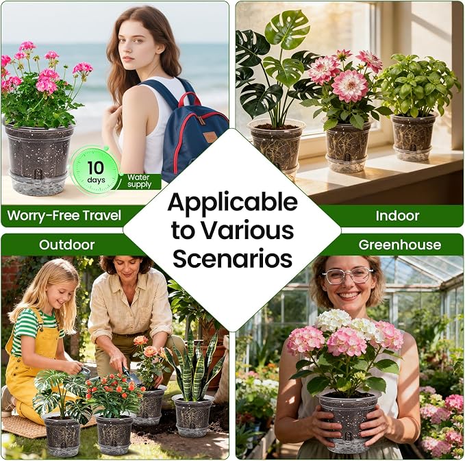 MIXC 12 Pack 6.5 Inch Self Watering Pots for Indoor Plants-Clear Plastic | With Drainage Holes & Deep Reservoirs, Wicking Rope，Root and Water-Level Visibility, Up to 7-Day Water Supply, Reusable