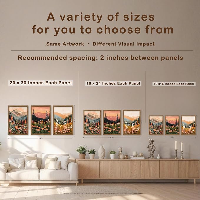 WRFON Botanical and Flower Canvas Wall Art, Framed Mountain Landscape Wall Art Set of 3, Wildflower Meadow Canvas Print, Rustic Nature Decor for Living Room Bedroom Cabin Lodge Farmhouse Decor, 20x30