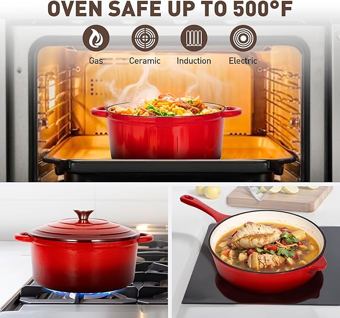 MAISON ARTS 7 Piece Enameled Cast Iron Cookware Set, Heavy Duty Induction Dutch Ovens Pot with Lid, Red Non Toxic Pots and Pans Sets, PFOA-PFOS Free
