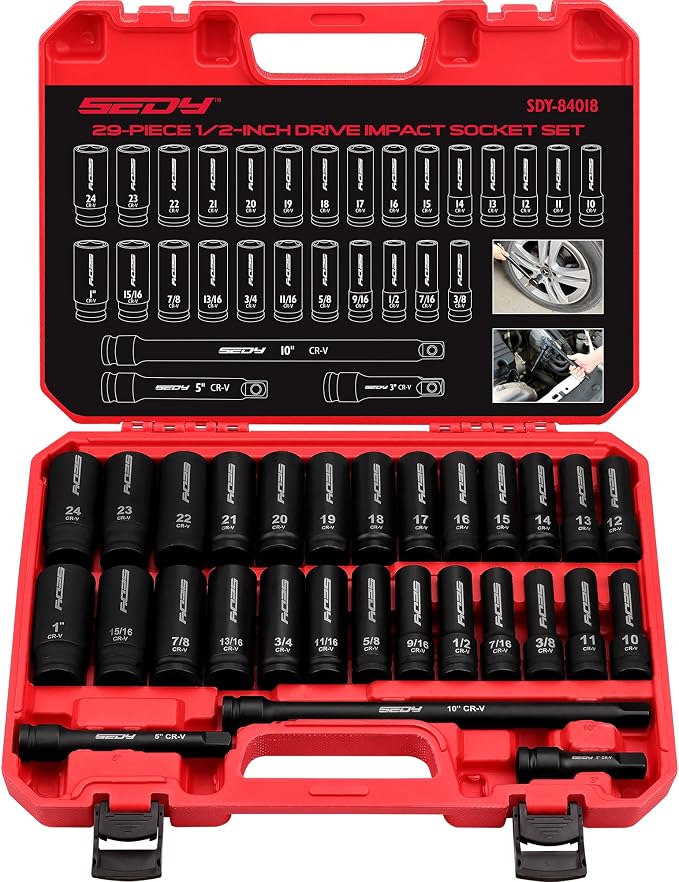 29-Piece 1/2" Drive Impact Socket Set, SAE (3/8 to 1 inch) and Metric (10-24mm) Sizes with Extension Bars Standard Deep Socket Set CR-V Material High Durability Impact Wrench
