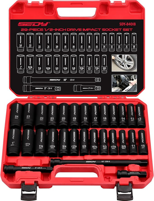 29-Piece 1/2" Drive Impact Socket Set, SAE (3/8 to 1 inch) and Metric (10-24mm) Sizes with Extension Bars Standard Deep Socket Set CR-V Material High Durability Impact Wrench