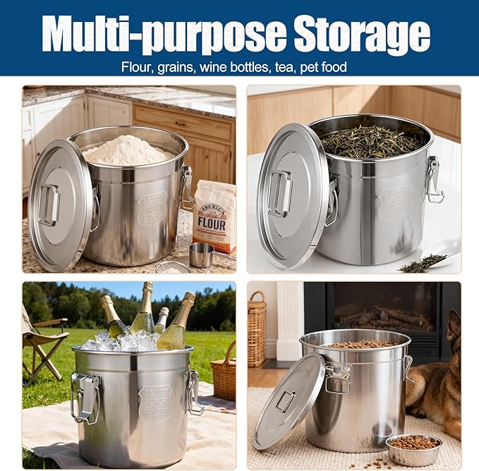 3.17Gal/12L Stainless Steel Airtight Canister, Airtight Food Storage Container with Lid and Lock Clips, 304 Stainless Steel Bucket for Rice, Flour, Grain, Coffee Bean