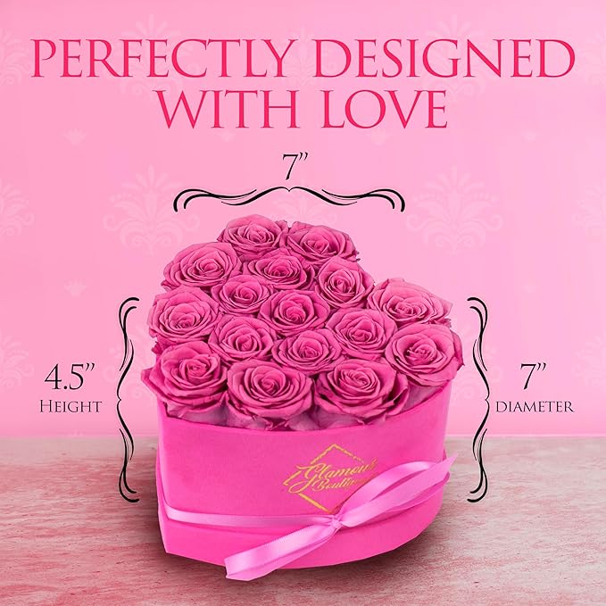 GLAMOUR BOUTIQUE 16 Flower Forever Heart Shape Box, for Mom, Eternal Preserved Roses Gift for Her, Him, Lasting Flowers Bouquet, for Birthday, Anniversary, Velvet Pink (Color-Treated)