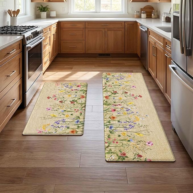 Kitchen Rug Mats for Floor Cushioned Anti Fatigue Floral Kitchen Rugs Sets of 2 Farmhouse Wildflowers Non Slip Waterproof Comfort Memory Foam Standing Floor Mat for Office Laundry Sink Desk