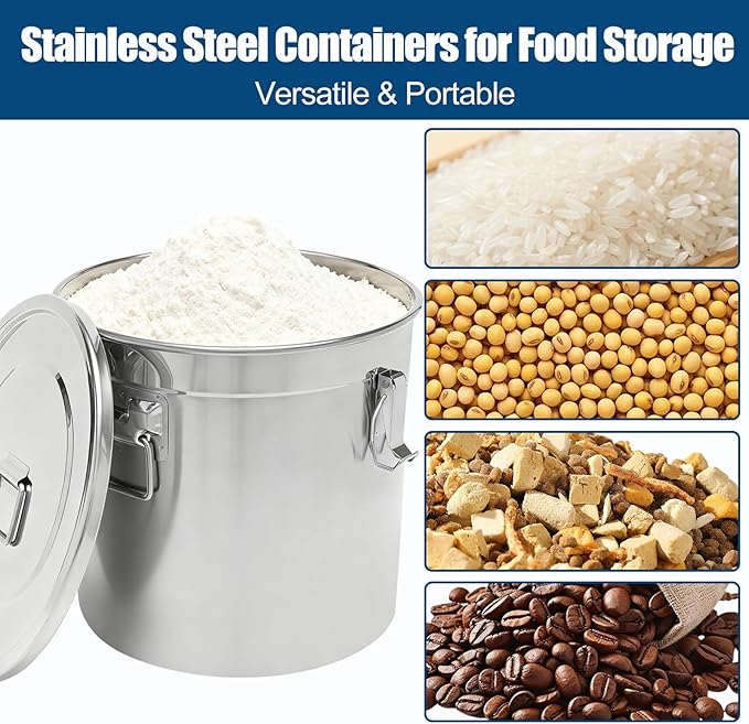 304 Stainless Steel Airtight Canister, 8.72Gal/33L Stainless Steel Airtight Food Storage Container with Lid and Lock Clips, Large Metal Storage Canister for Coffee Beans, Flour, Tea, Sugar, Cereals