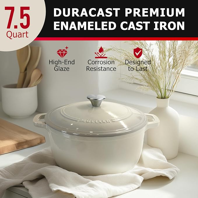 MUELLER HOME 7.5 QT Enameled Cast Iron Dutch Oven, Heavy-Duty Casserole Dish and Braiser Pan with Lid and Stainless Knob, Oven-Safe up to 500° F & Across All Cooktops, Oyster White | Heavy-Duty Casserole Dish and Braiser Pan, Lid with Stainless Knob, O...