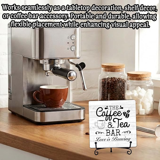 Coffee Bar Sign, Love is Brewing Farmhouse Tabletop Decor, Coffee and Tea Lover Gifts, 5x5 Wood Plaque with Iron Stand for Home Kitchen Cafe, Coffee Bar Decor – L09