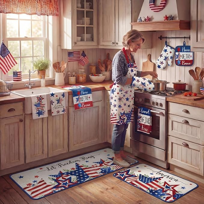 Fourluoo 10 Pcs 4th of July Kitchen Decor and Accessories Red Blue and White Oven Mitts and Pot Holders Set Dish Towels Patriotic Independence Day Kitchen Decor for Chef Baking Cooking BBQ Women Gift