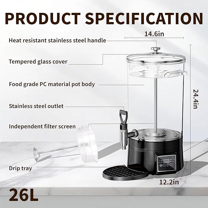Commercial Coffee Urn Hot Beverage Dispenser Coffee Maker, Food-grade Plastic 26 L 170 Cups, Hot Chocolate Machine, Electric Percolator for Catering Hot Water for Hot Cocoa, Drink, Tea, Juice