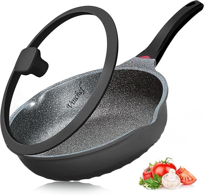 Vinchef 12.5Inch Black Deep Nonstick Skillet with Lid | Cooktop Compatible,deep fry pan, temp indicator,Anti-scratch,anti-stain,induction-ready.Durable,great for sauté frying