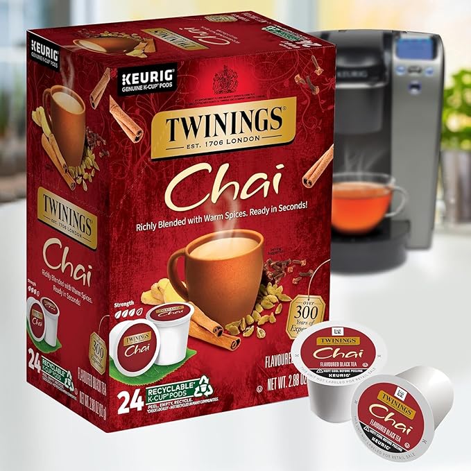 Twinings Chai Black Tea K-Cup Pods for Keurig, 24 Count (Pack of 2), Naturally Sweet and Savoury Spice Flavors, Caffeinated, Enjoy Hot or Iced