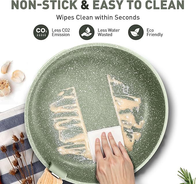 MAISON ARTS Detachable Handle Induction Pots and Pans Set, 10 Piece Non Stick Kitchen Cookware Sets, Stackable Green Granite RV Cooking Set for Camper