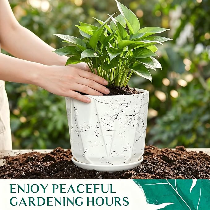 7.8 Inch Ceramic Plant Pot with Drainage Hole Mesh Net, Large Flower Pots for Indoor Plants with Saucer, Gardening Pots Outdoor