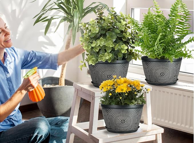 Quarut 10 Inch Flower Pots,3 Pack Planters for Outdoor Indoor | Plastic Plant Pots with Drainage Hole & Tray, Modern Decorative Garden Pot with Saucer, planters for House (Drak Bown)