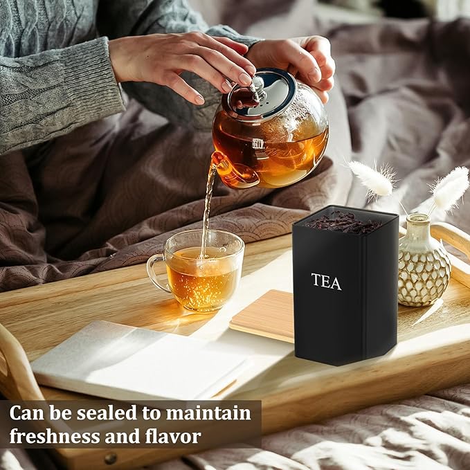 3 Pcs Coffee Tea Sugar Container Set, 1000 ML Metal Teas and Coffee Canisters Set with Bamboo Lids, Black Canisters Sets for Kitchen,Food Storage Container Jars for Kitchen Counter Storage (Black)