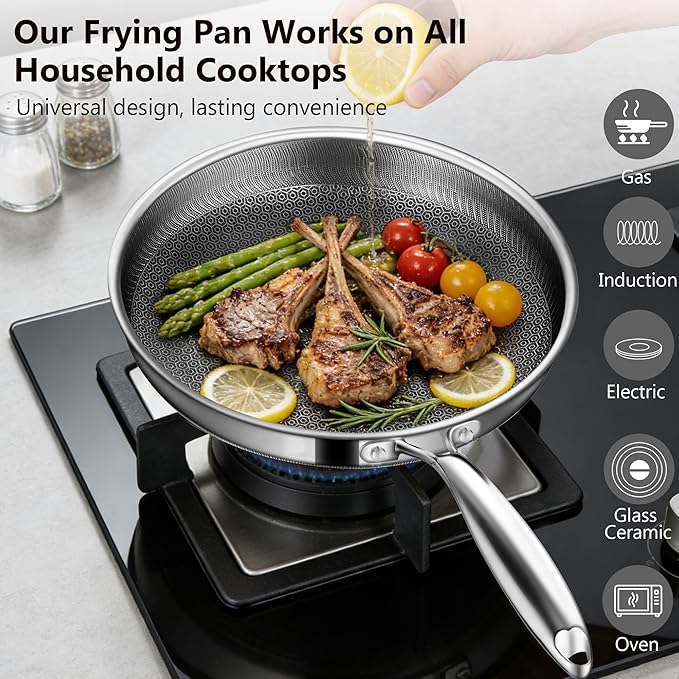 Frying Pans, 10-inch Hybrid Frying Pans Stainless Steel Skillets, Dishwasher & Oven-Safe, Stay-Cool Handle, PFOA Free Cookware, Compatible with All Cooktops