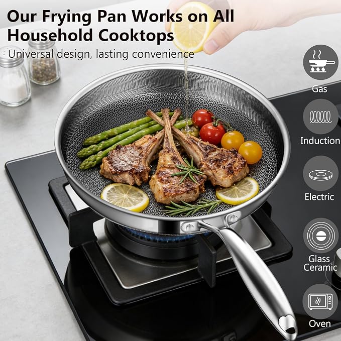 Frying Pans, 12-inch Hybrid Frying Pans Stainless Steel Skillets, Dishwasher & Oven-Safe, Stay-Cool Handle, PFOA Free Cookware, Compatible with All Cooktops