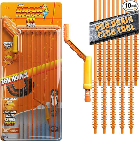 FlexiSnake Pro Drain Weasel Sink Snake Hair Clog Remover Tool, Sink, Pipe, Bathroom, Bathtub Drain Cleaner, 18-inch Long, Flexible, Made in The USA, 10 Pack Reusable Wands and Removable Handle